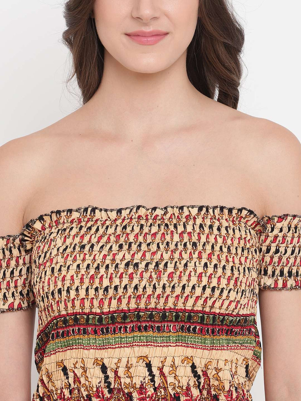 Women's Rayon Printed Off-Shoulder Smocked Crop Top Short Sleeve Casual Styles Tank Top (FREE SIZE) Multi4