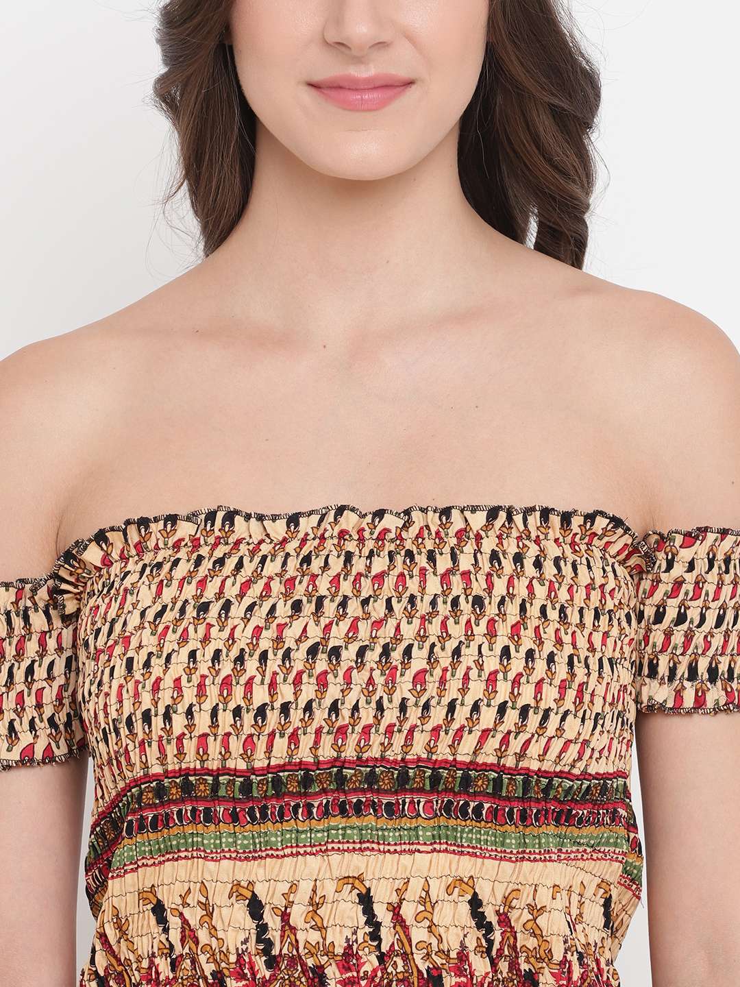 Women's Rayon Printed Off-Shoulder Smocked Crop Top Short Sleeve Casual Styles Tank Top (FREE SIZE) Multi4