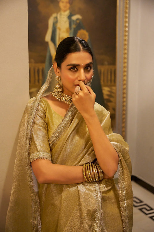 Model draped in Sky Blue tissue shimmer saree with zari weaving and sequins lace border – RANI SA Collection