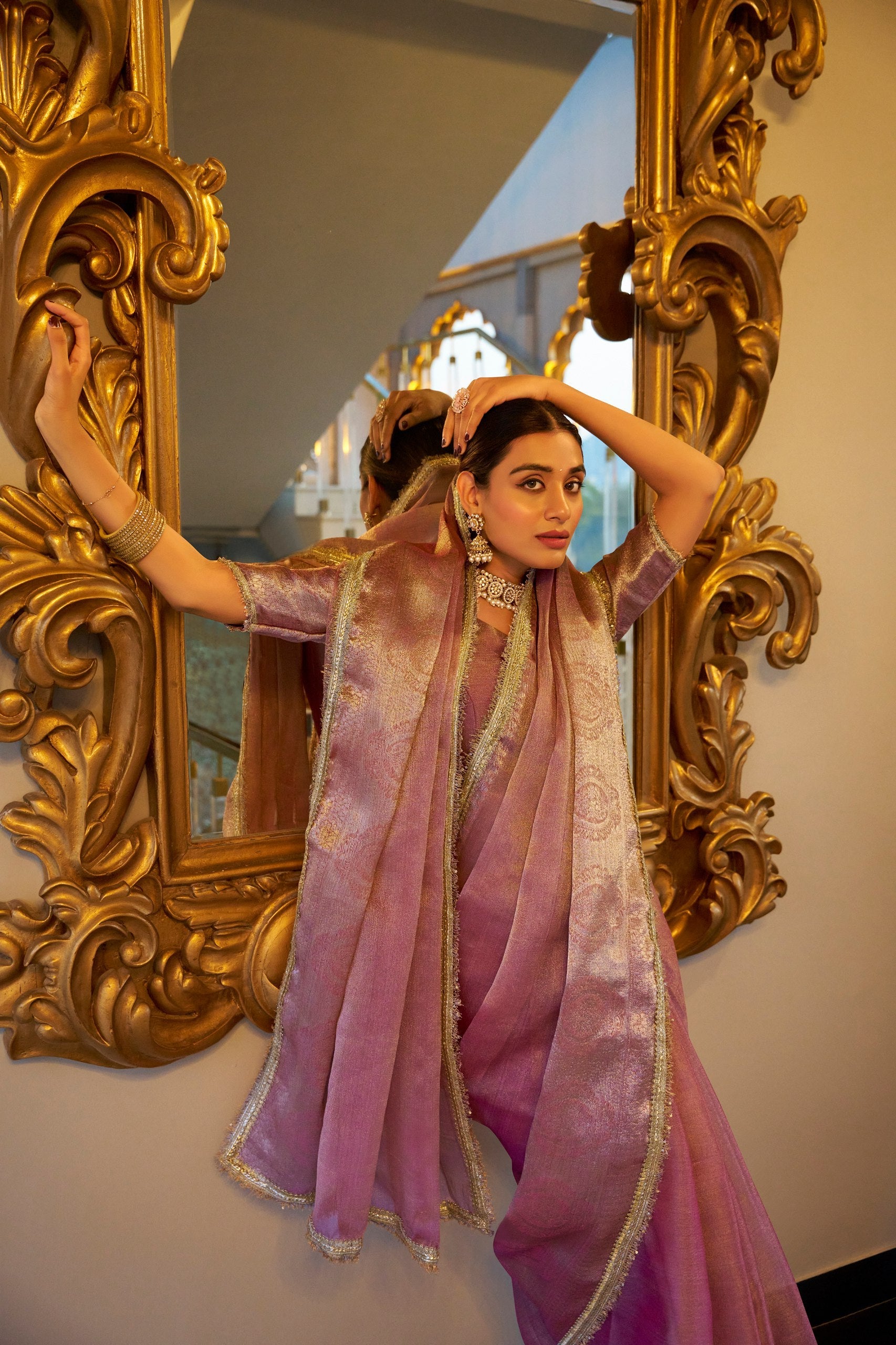 Model draped in Light Pink tissue shimmer saree with zari weaving and sequins lace border – RANI SA Collection