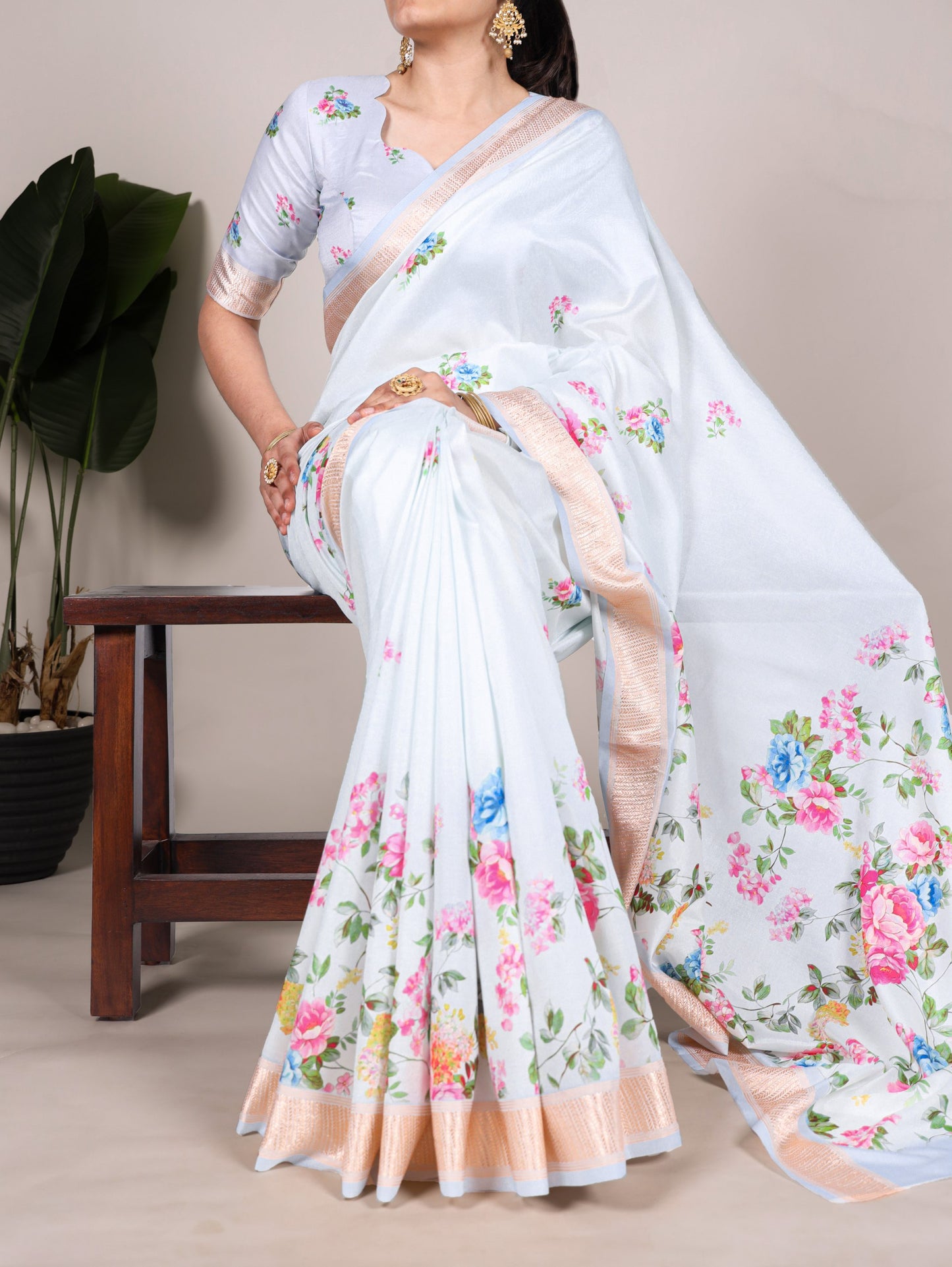 Tasar Silk Saree with Printed Motif & Viscose Border
