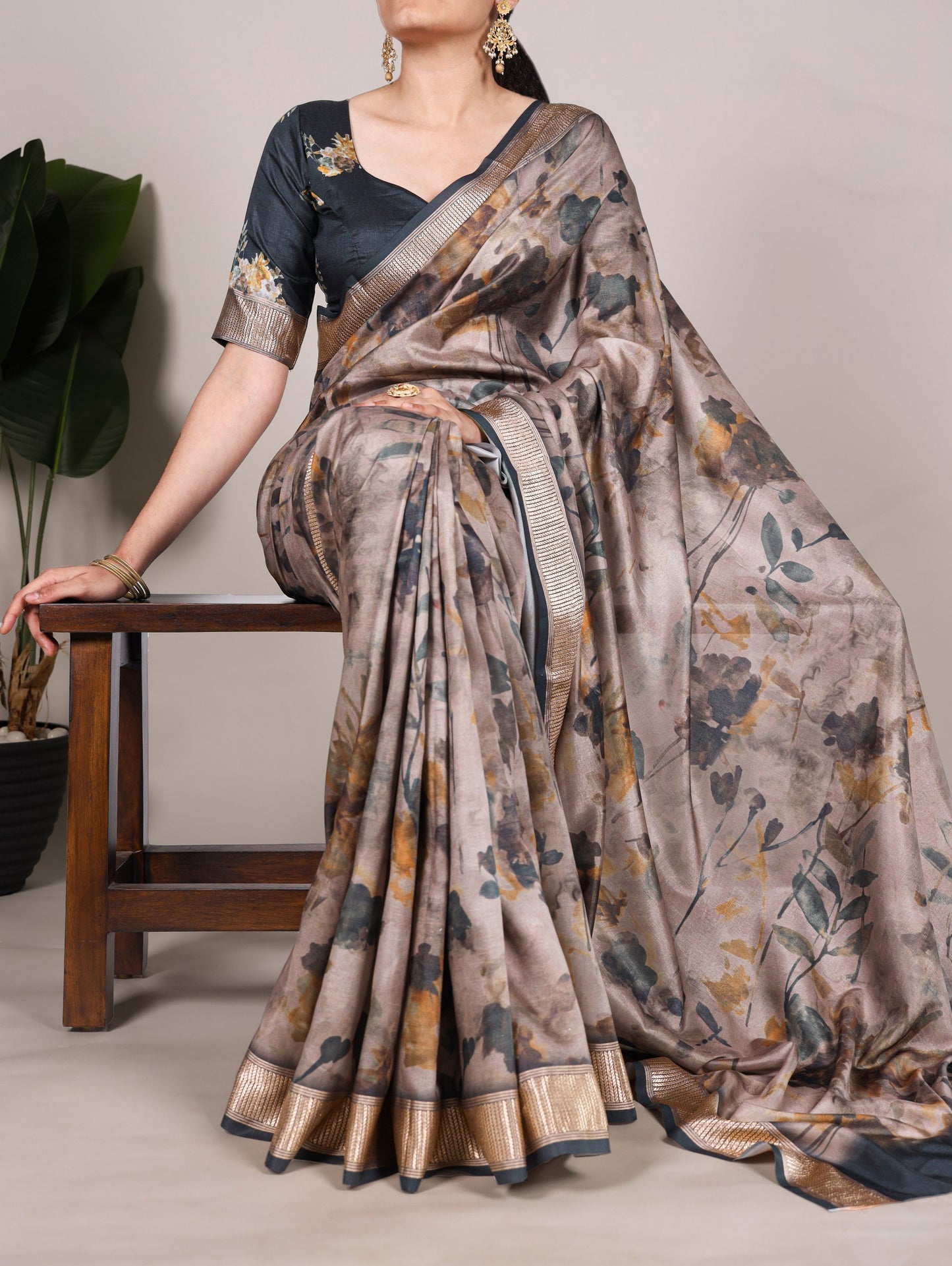 Tasar Silk Saree with Printed Motif & Viscose Border