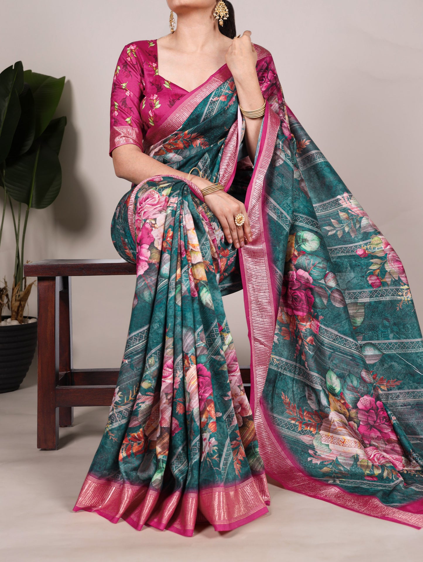 Tasar Silk Saree with Printed Motif & Viscose Border