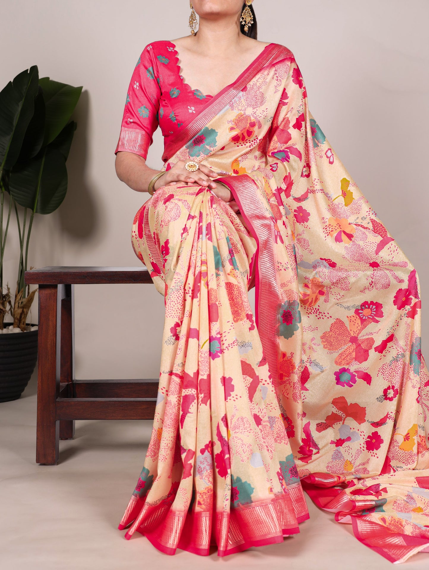 Tasar Silk Saree with Printed Motif & Viscose Border