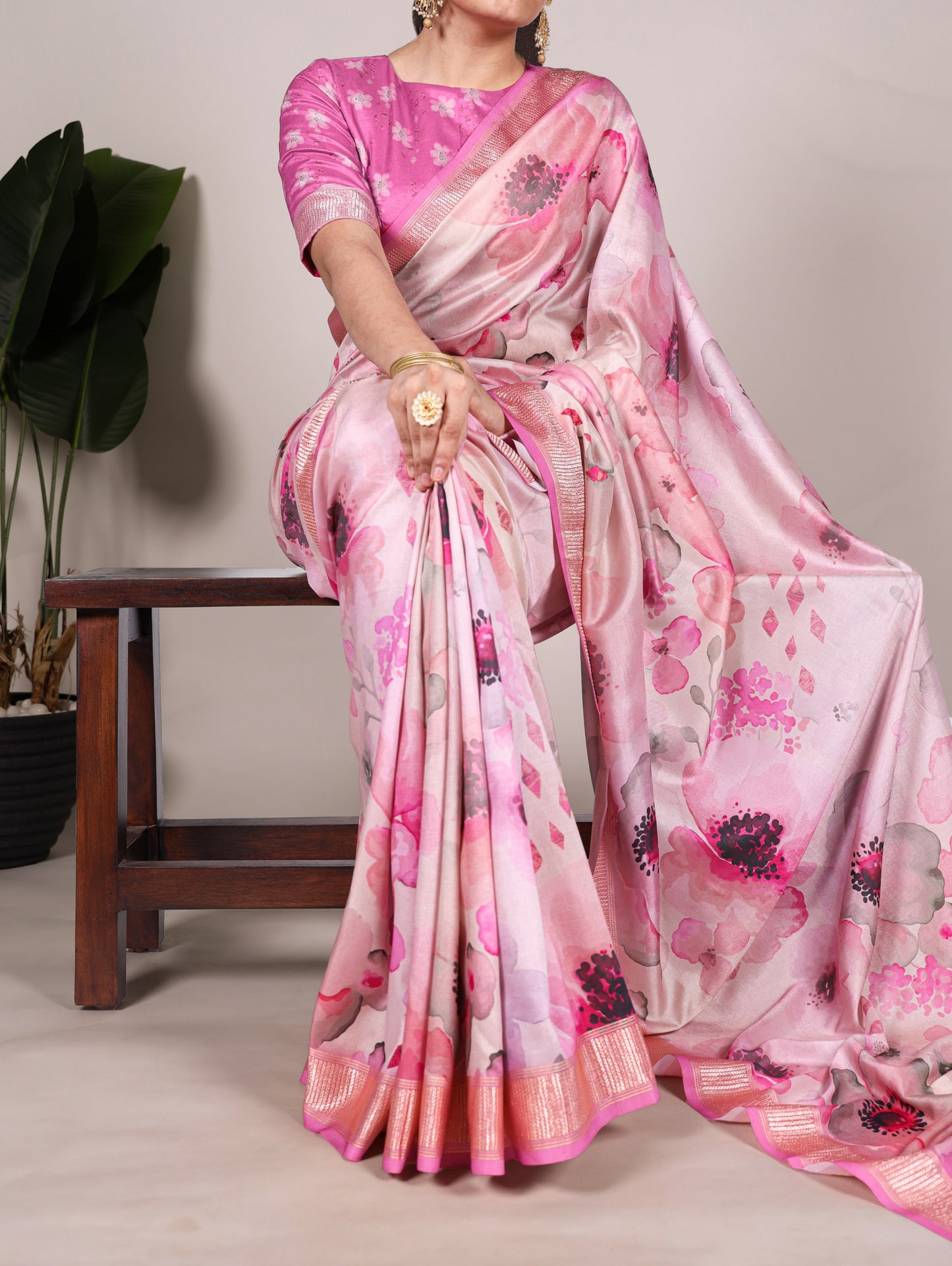 Tasar Silk Saree with Printed Motif & Viscose Border