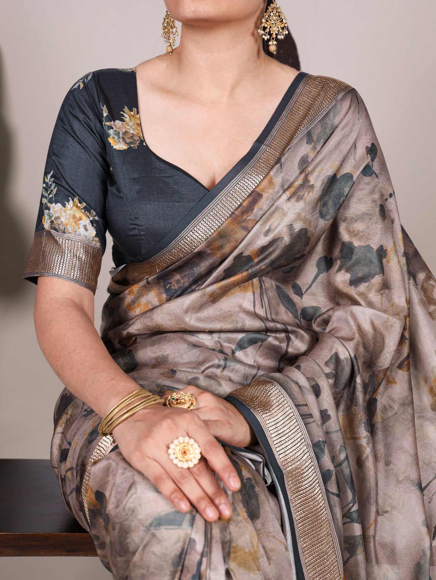 Tasar Silk Saree with Printed Motif & Viscose Border