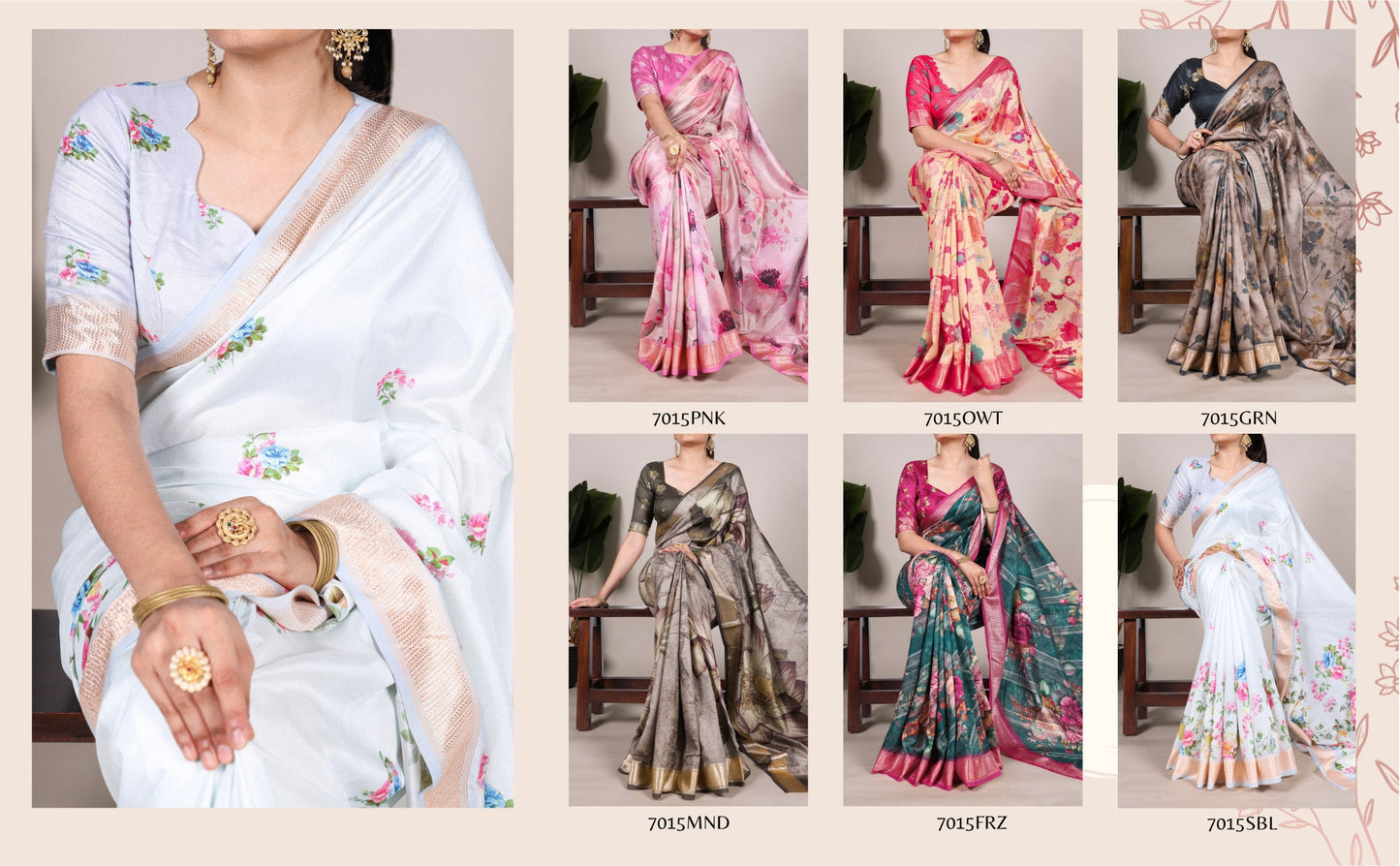 Model draped in Cream Tasar Silk saree with viscose border – Tasar Silk Collection