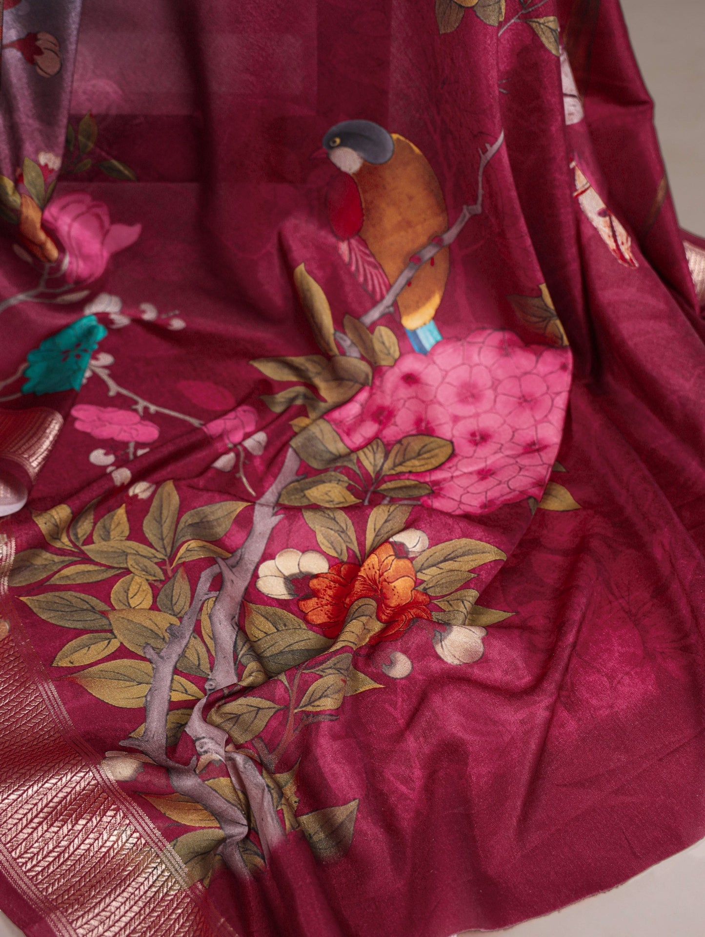 Model draped in Leaf Green Tussar silk saree with floral print and viscose border – Tussar Silk Collection