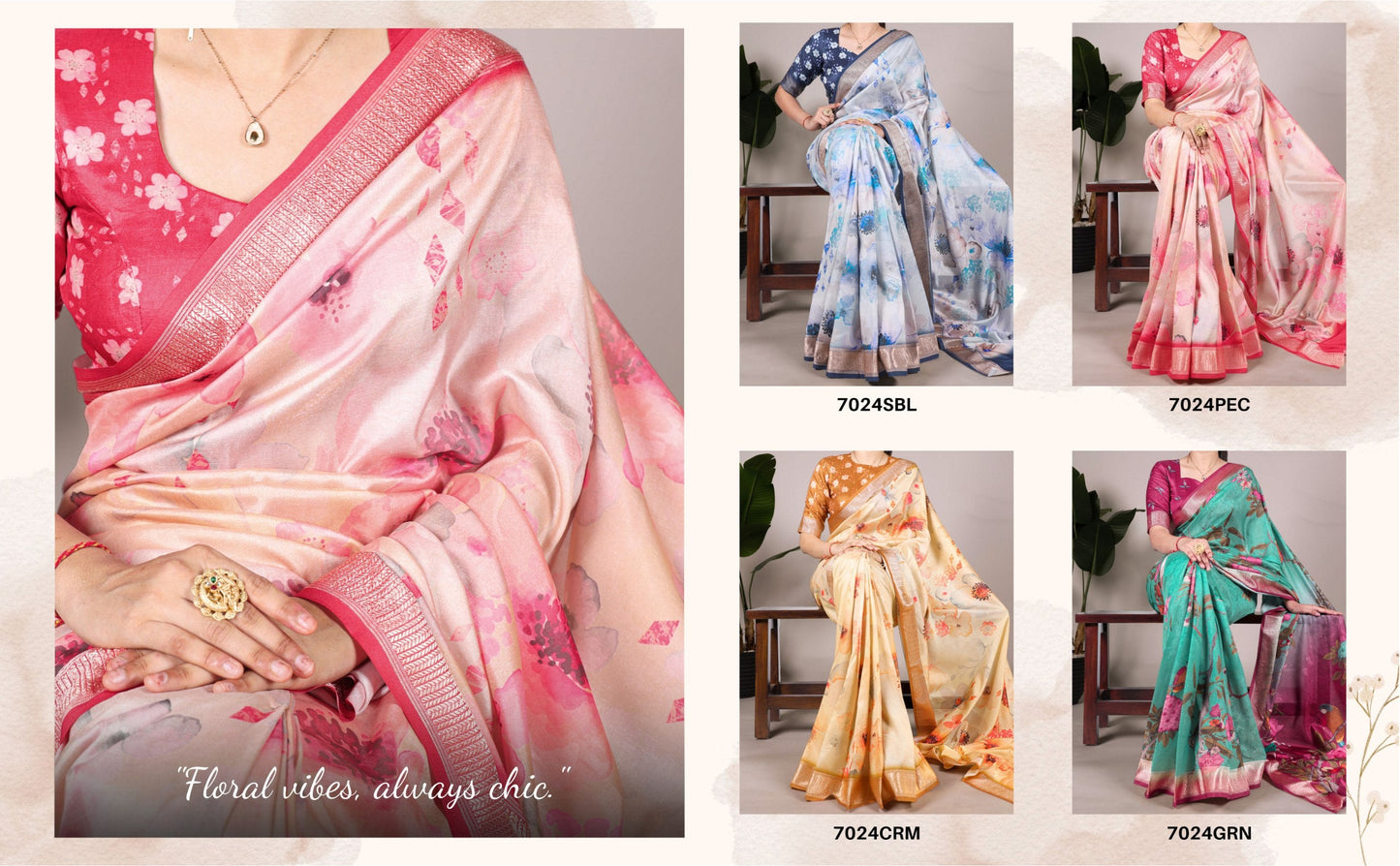 Model draped in Cream Tussar silk saree with floral print and viscose border – Tussar Silk Collection