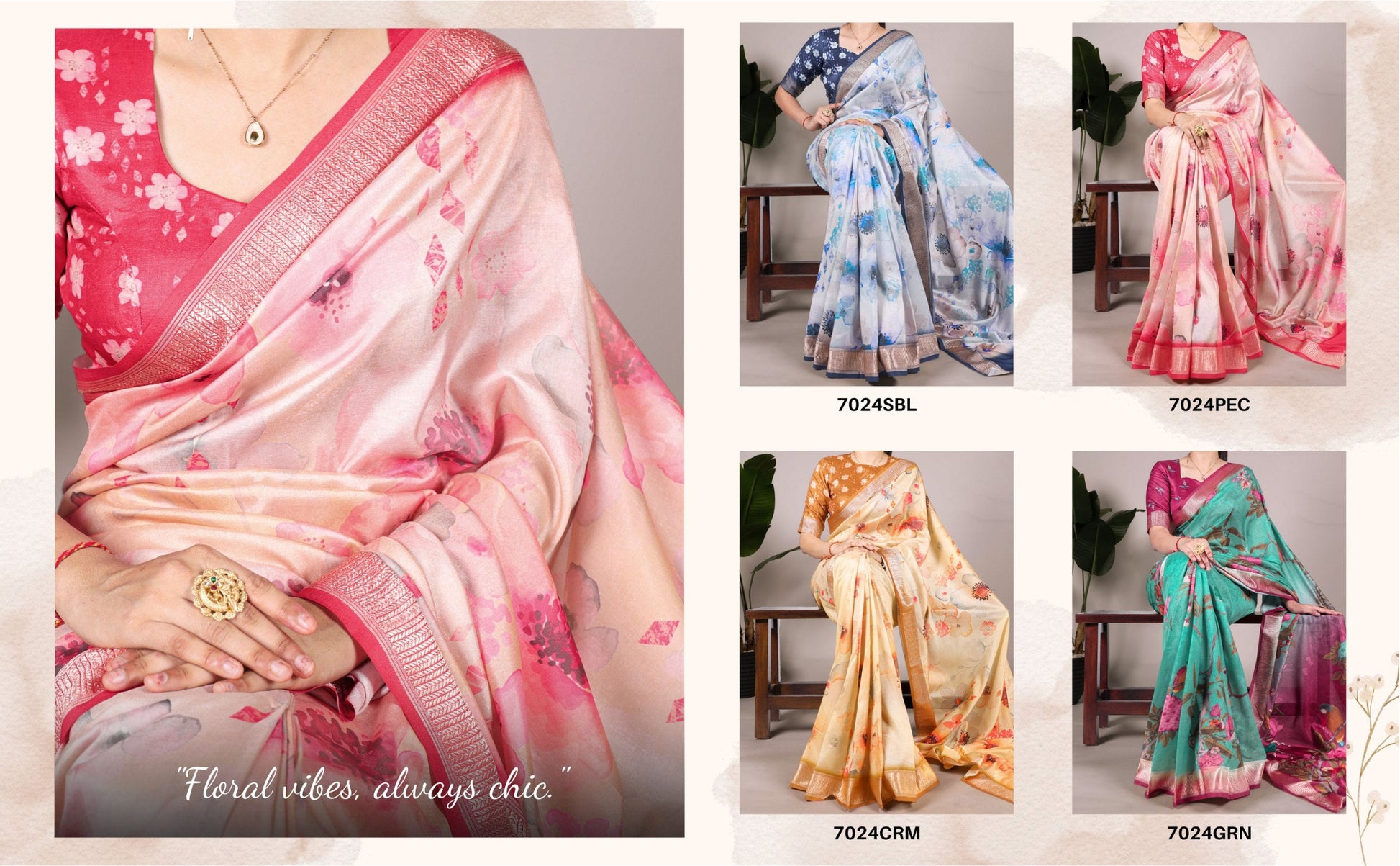 Model draped in Cream Tussar silk saree with floral print and viscose border – Tussar Silk Collection