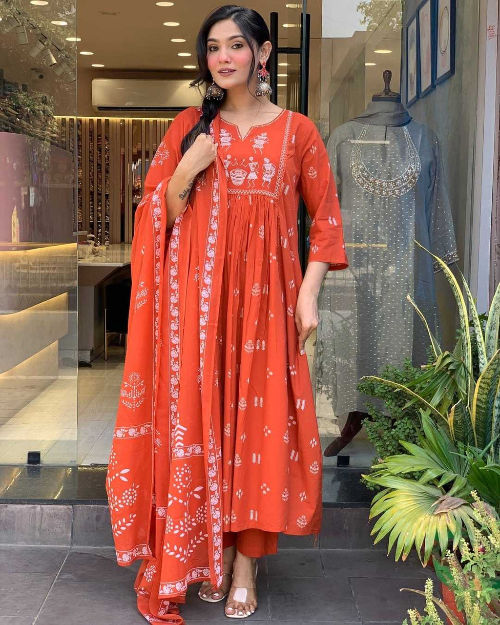 Women's Contton Floral Embroidered Round Neck Regular Kurti Pant Dupatta Set