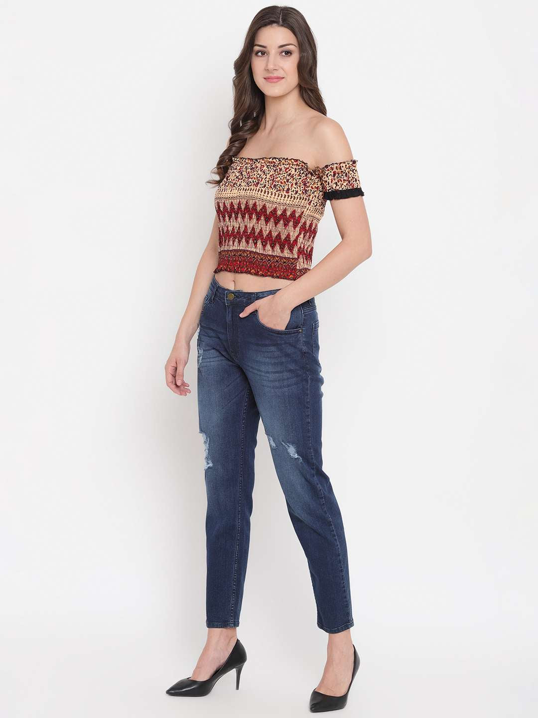 Women's Rayon Printed Off-Shoulder Smocked Crop Top Short Sleeve Casual Styles Tank Top (FREE SIZE) Multi8