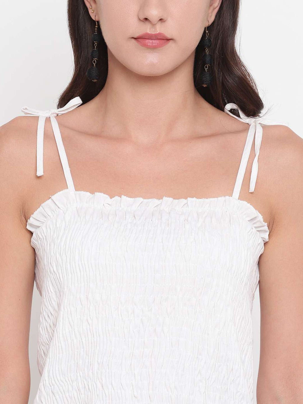 Women's Rayon Solid Casual Summer Style Tie Shoulder Straps Free Size Tank Top (White)