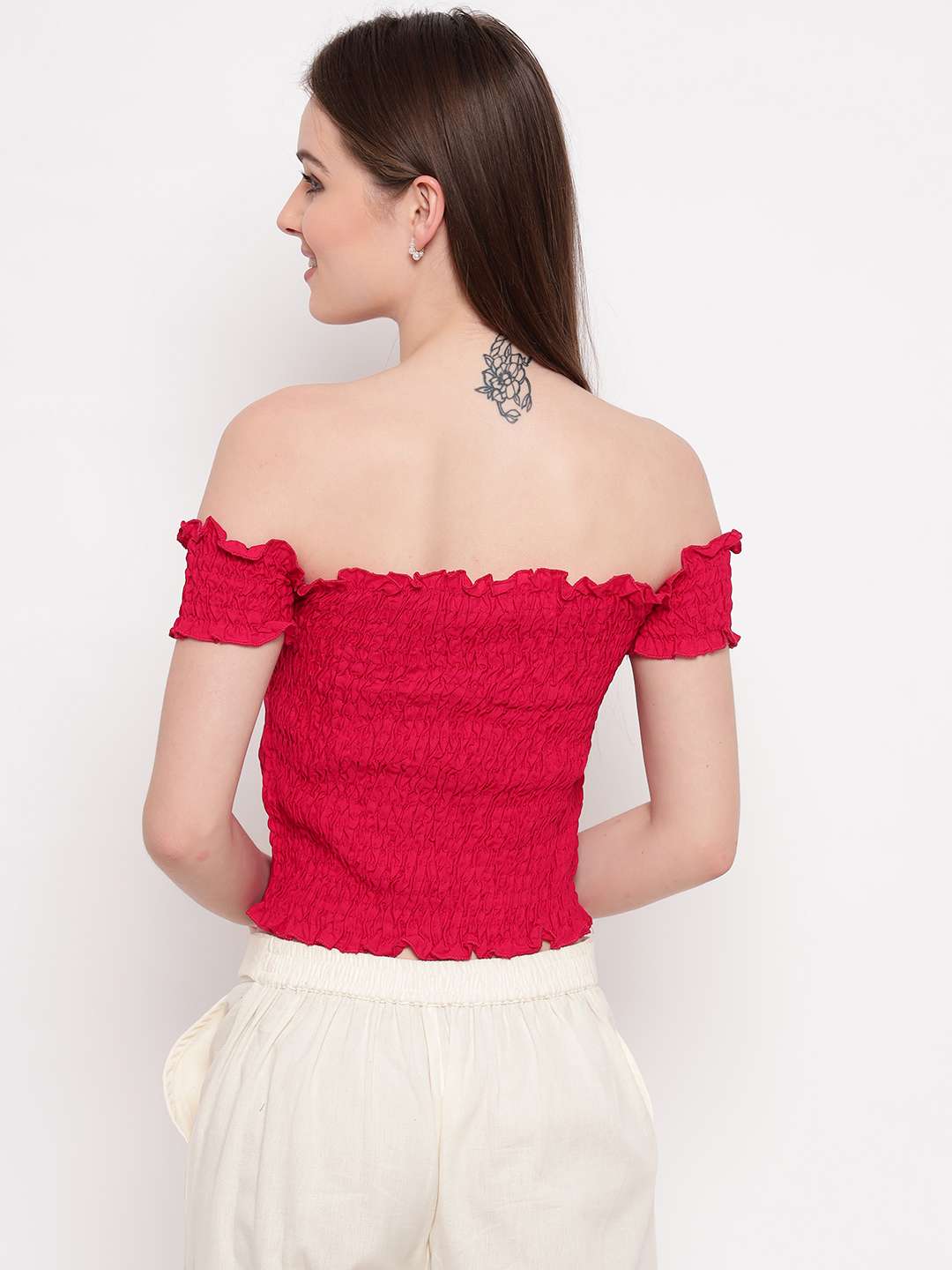 Women's Rayon Solid Off-Shoulder Smocked Crop Top Short Sleeve Casual Styles Tank Top (FREE SIZE) Multi26