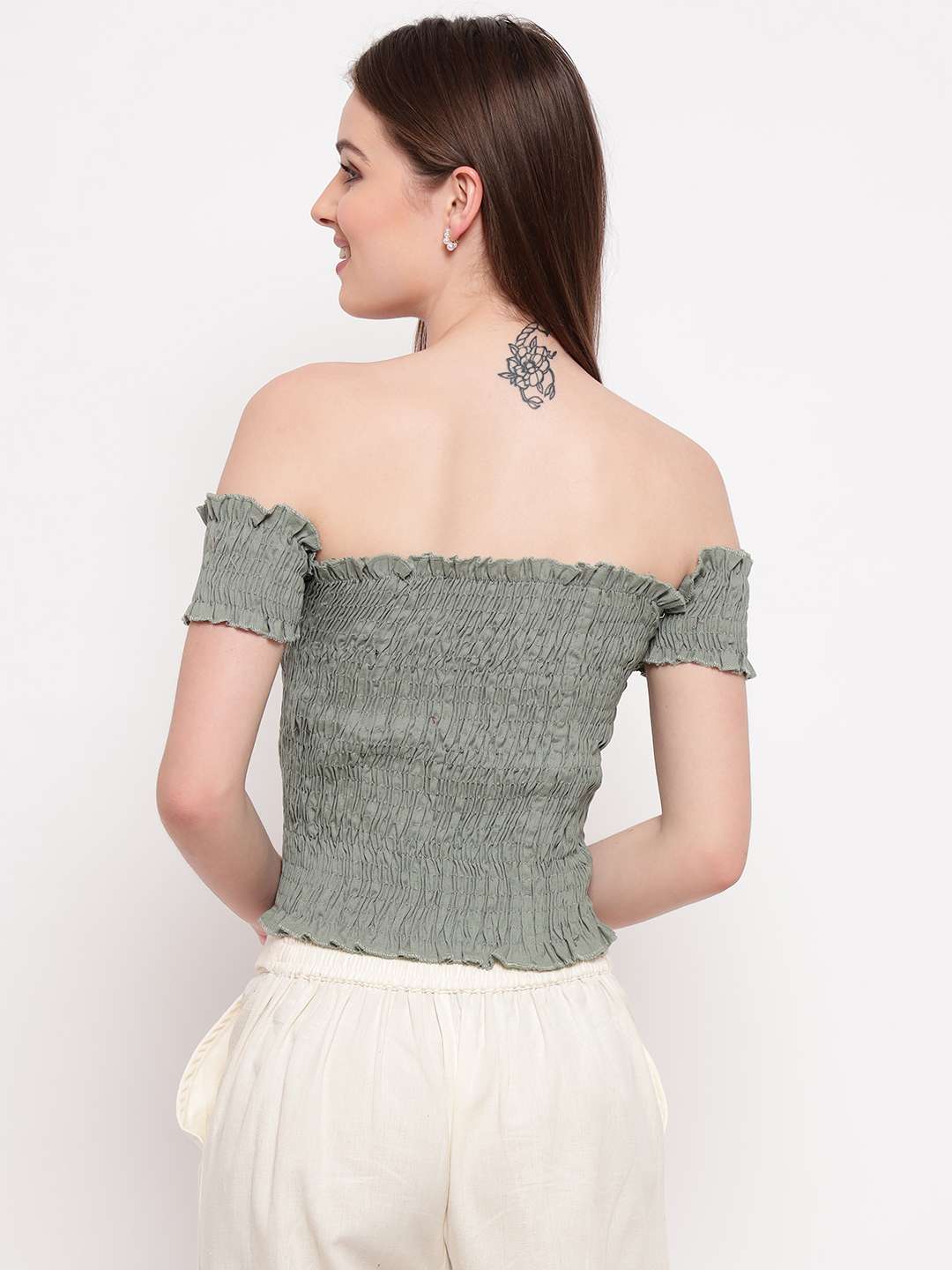 Women's Rayon Solid Off-Shoulder Smocked Crop Top Short Sleeve Casual Styles Tank Top (FREE SIZE) Multi27