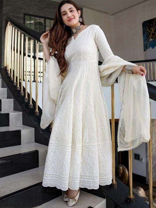 Women's Cotton Chikankari Long Anarkali Kurti With Dupatta (White)
