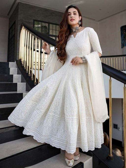 Women's Cotton Chikankari Long Anarkali Kurti With Dupatta (White)