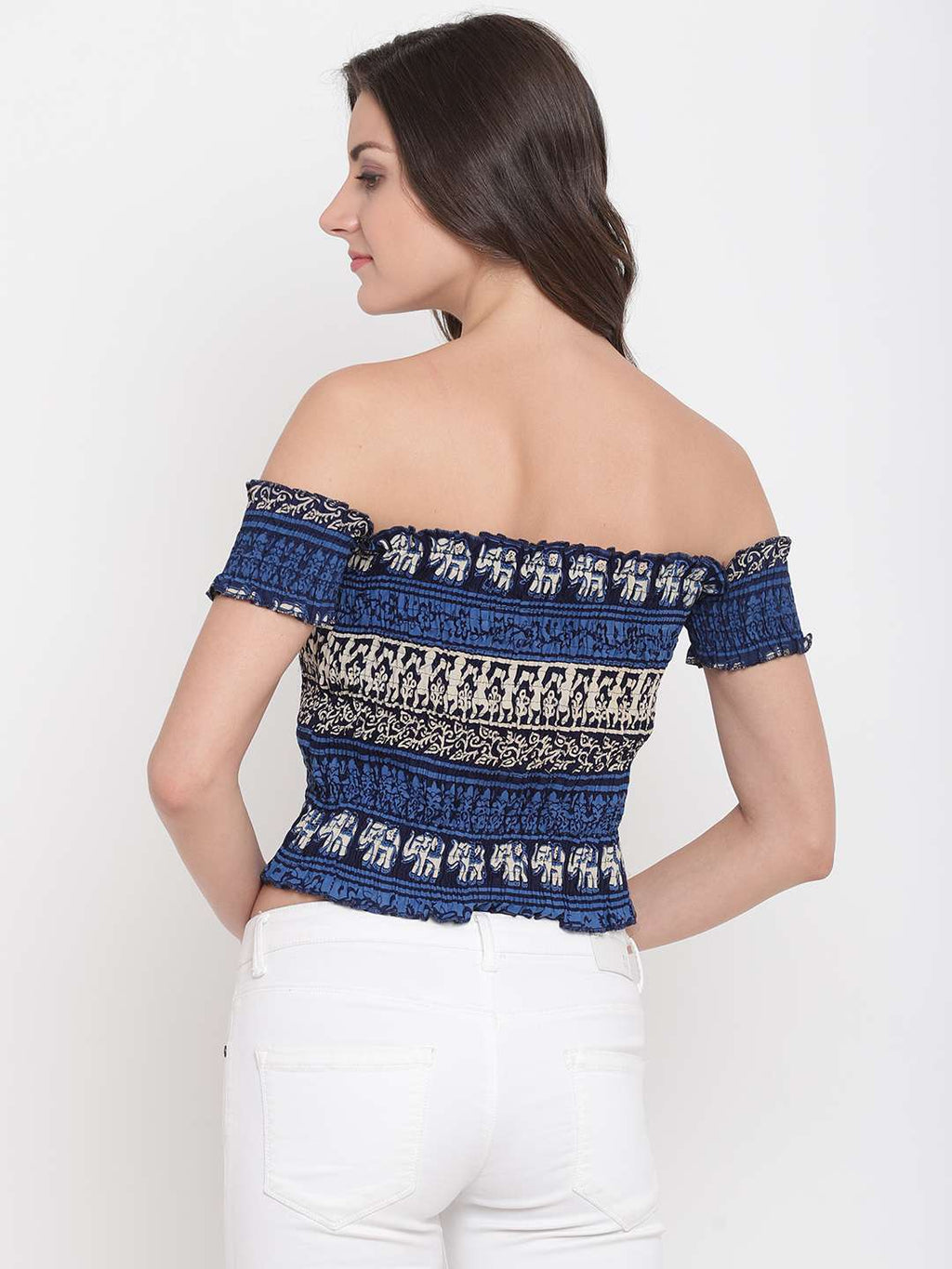 Women's Rayon Printed Off-Shoulder Smocked Crop Top Short Sleeve Casual Styles Tank Top (FREE SIZE) Multi1