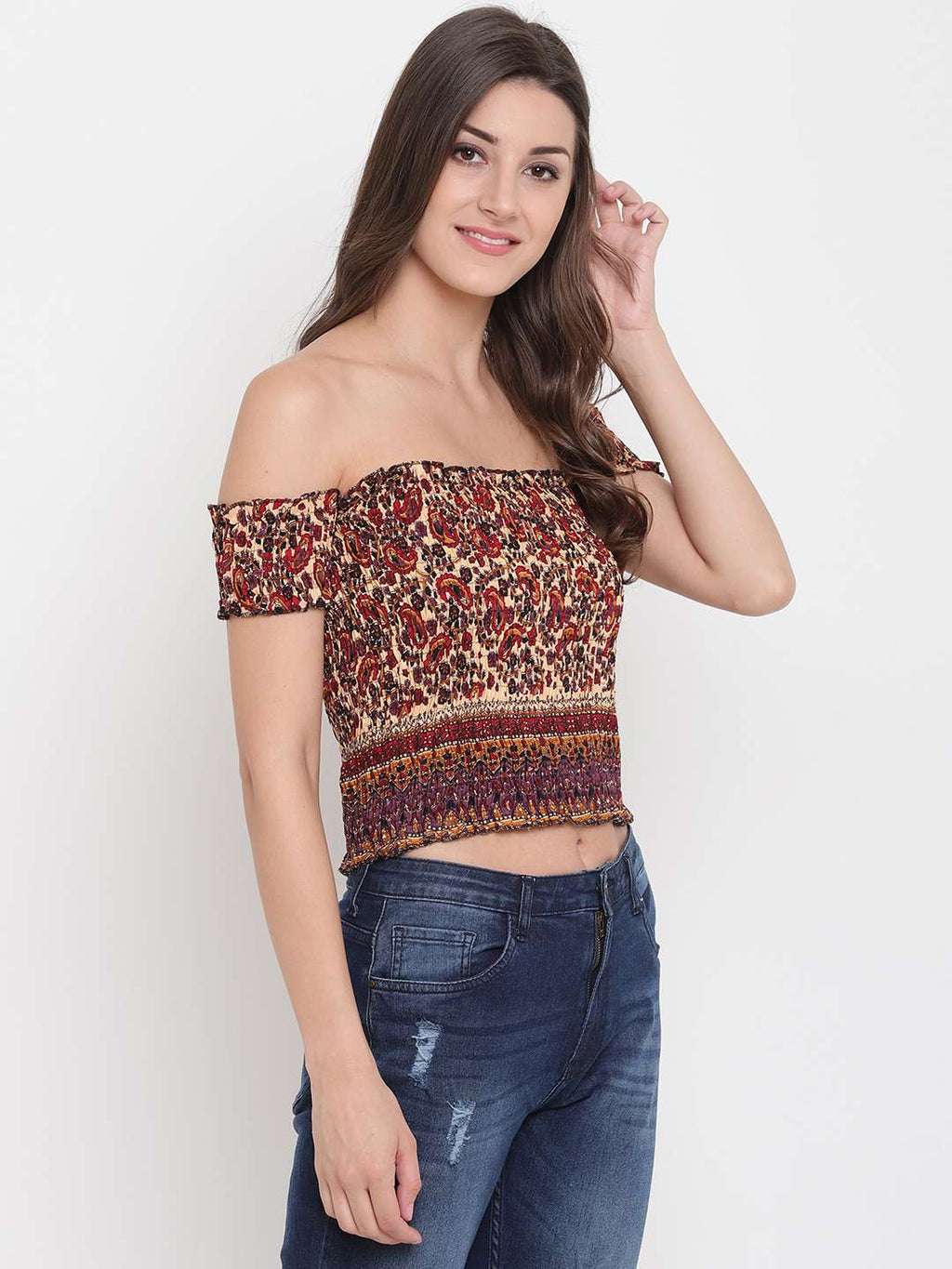 Women's Rayon Printed Off-Shoulder Smocked Crop Top Short Sleeve Casual Styles Tank Top (FREE SIZE) Multi3