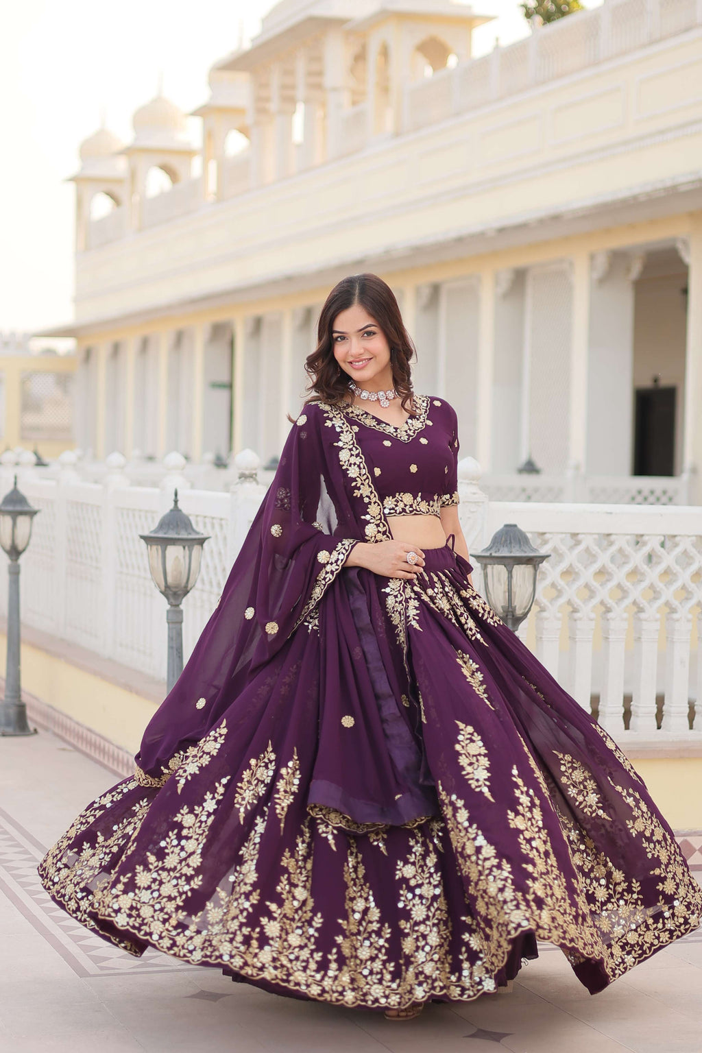 Wine Georgette Lehenga Choli with Sequins Embroidered Dupatta