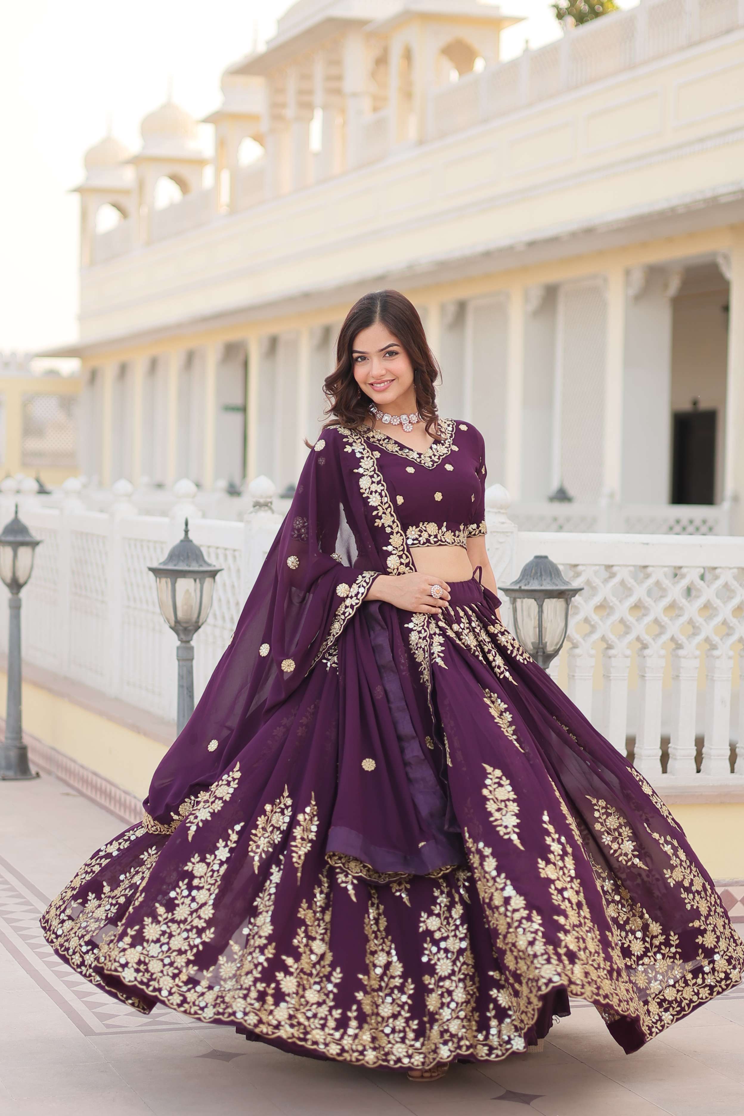 Wine Georgette Lehenga Choli with Sequins Embroidered Dupatta