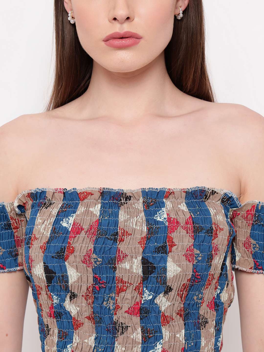 Women's Rayon Printed Off-Shoulder Smocked Crop Top Short Sleeve Casual Styles Tank Top (FREE SIZE) Multi38