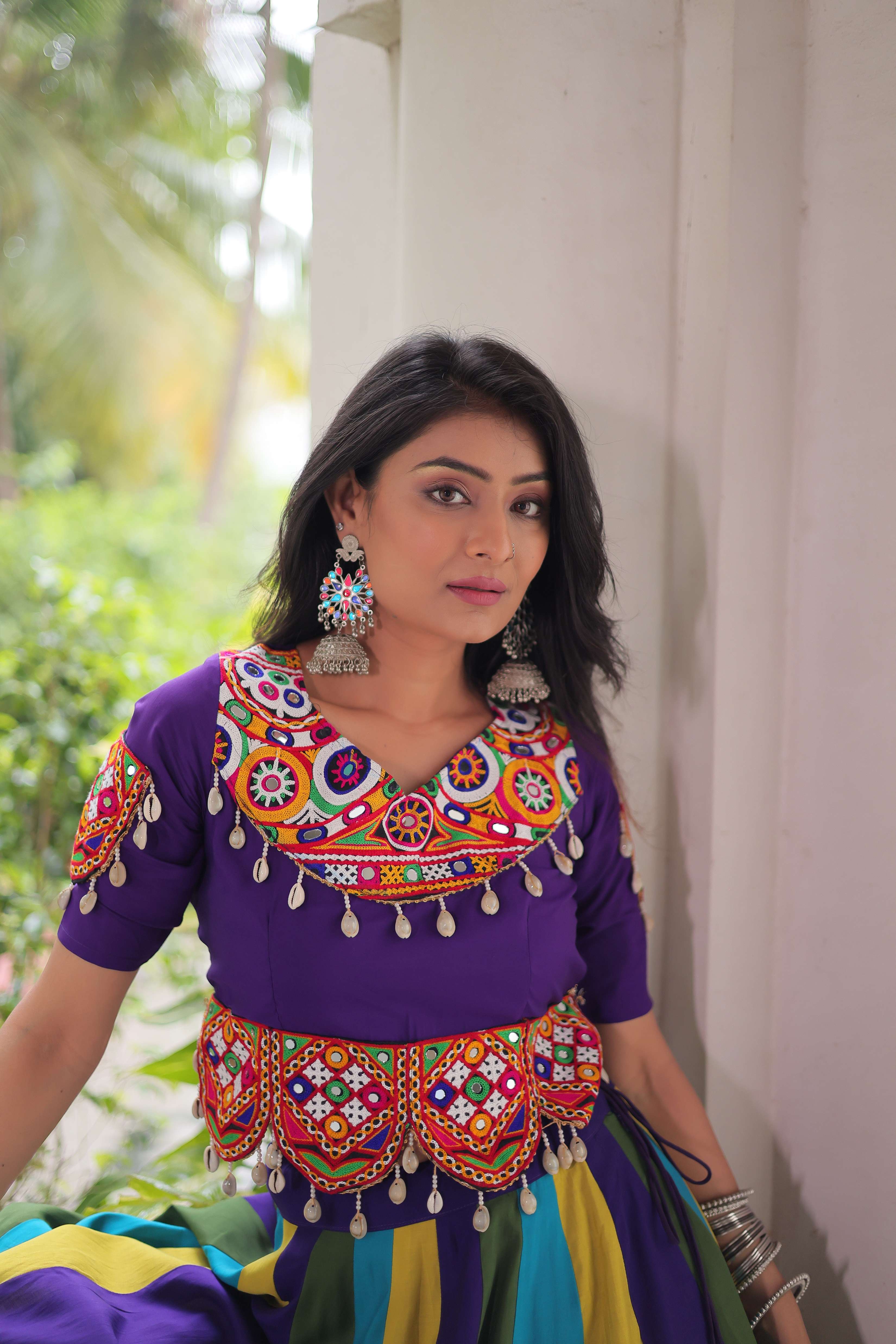 Roman Fabric Navratri Lehenga Choli Set with Mirror & Gota Lace