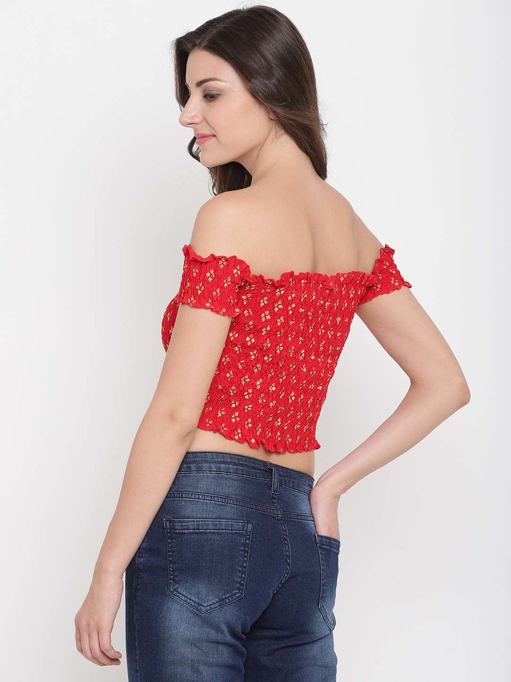 Women's Rayon Printed Off-Shoulder Smocked Crop Top Short Sleeve Casual Styles Tank Top (FREE SIZE) Multi9