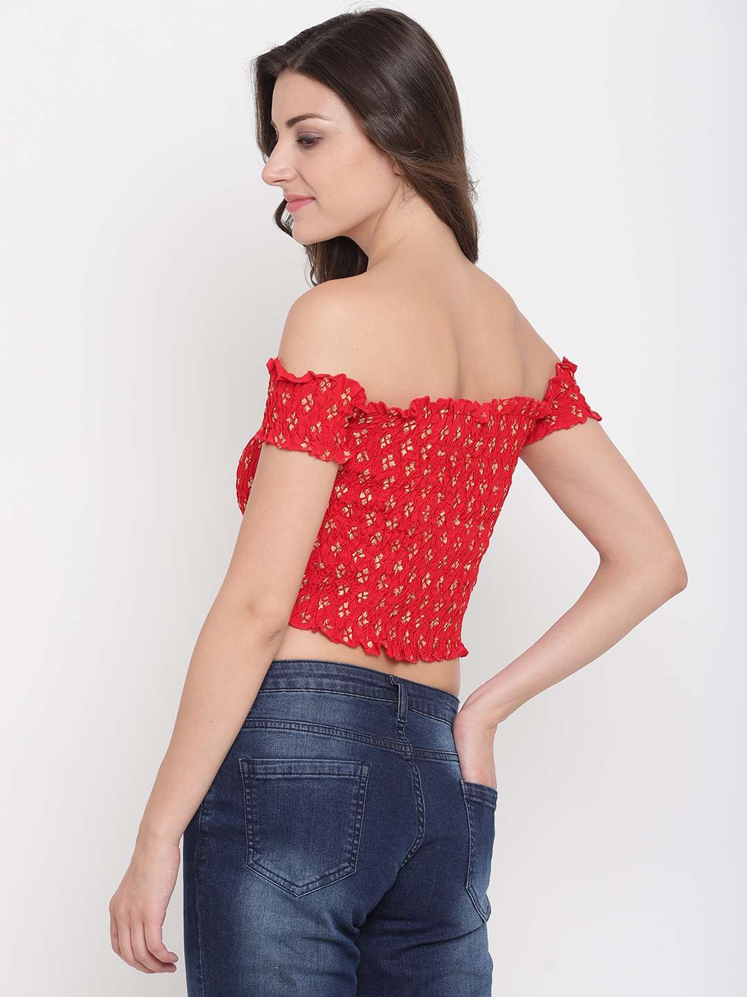 Women's Rayon Printed Off-Shoulder Smocked Crop Top Short Sleeve Casual Styles Tank Top (FREE SIZE) Multi9