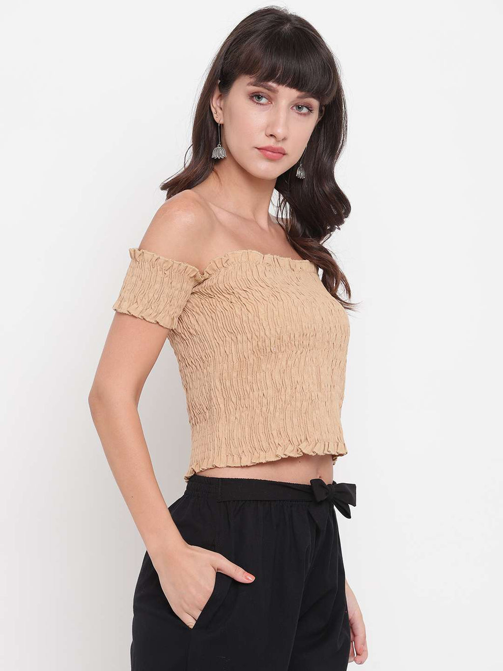 Women's Rayon Solid Off-Shoulder Smocked Crop Top Short Sleeve Casual Styles Tank Top (FREE SIZE) Multi17