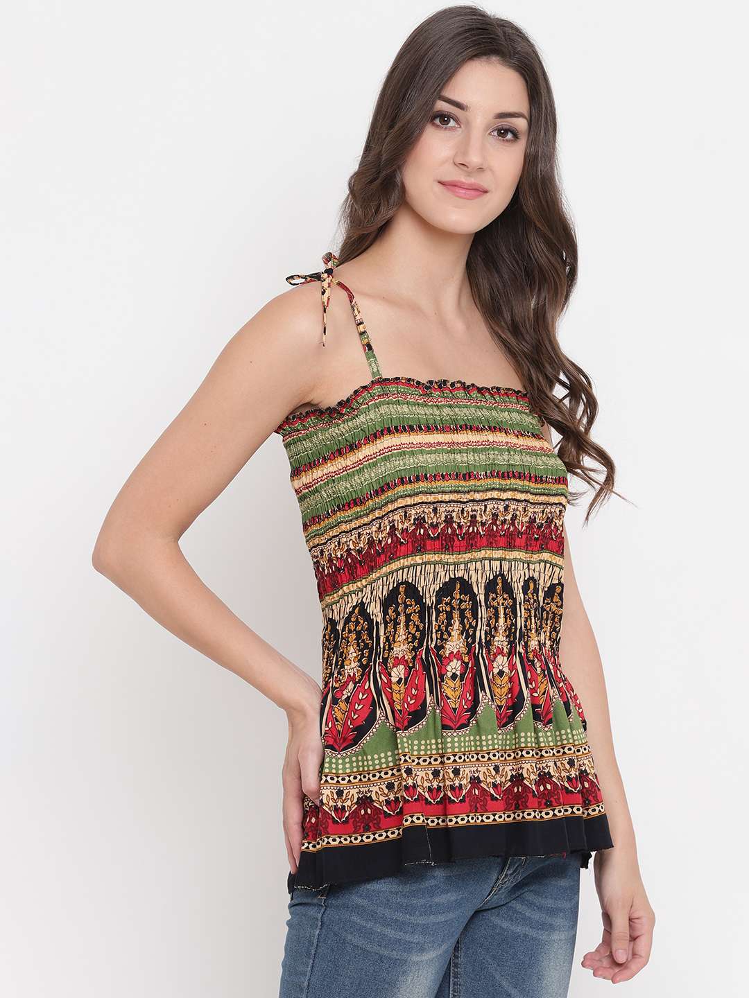 Women's Rayon Printed Casual Summer Style Tie Shoulder Straps Free Size Tank Top ( Multi4)