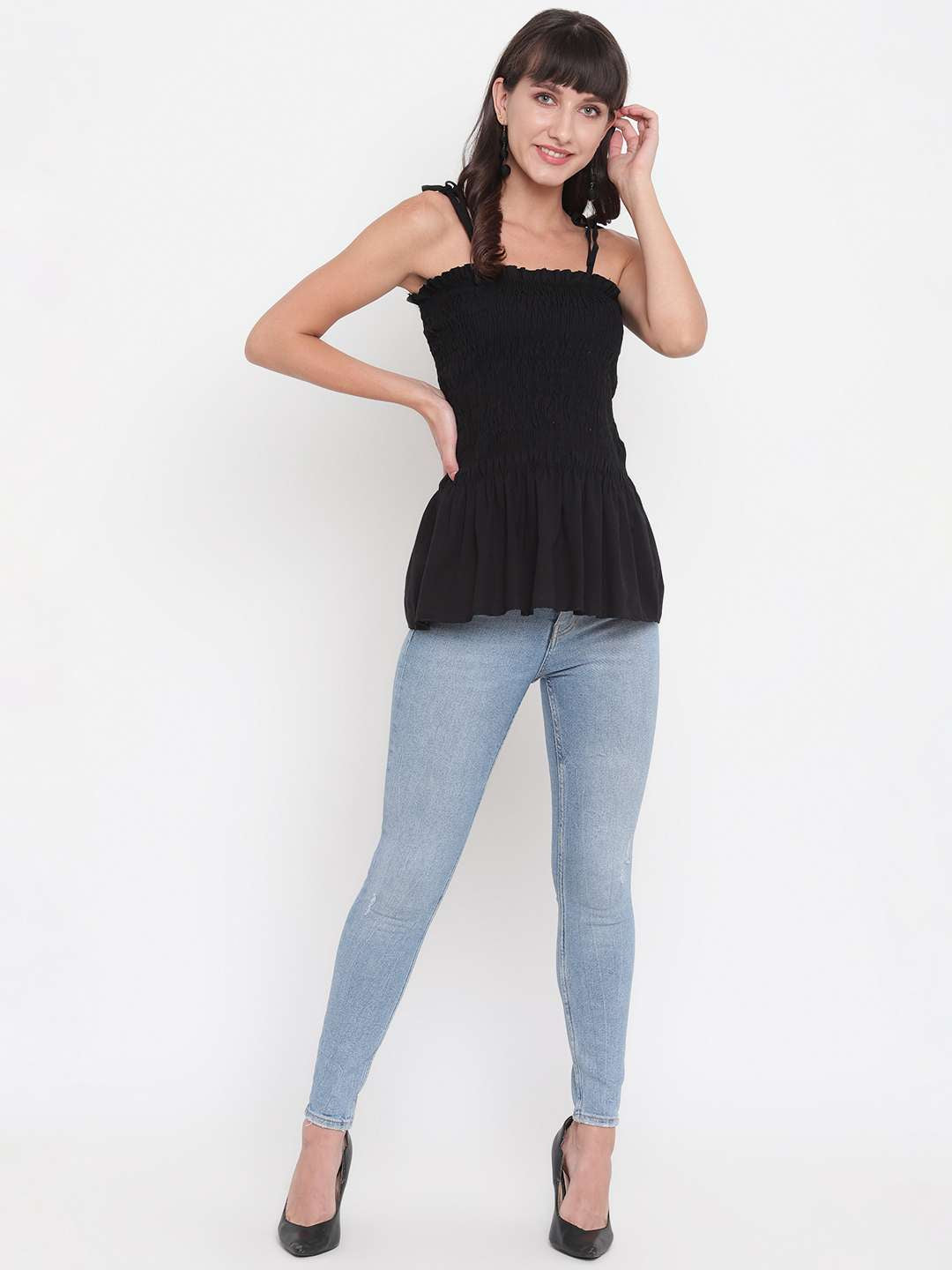 Women's Rayon Solid Casual Summer Style Tie Shoulder Straps Free Size Tank Top (Black)