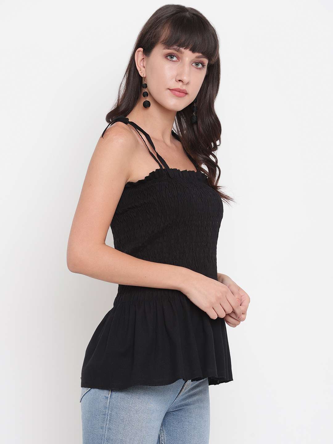 Women's Rayon Solid Casual Summer Style Tie Shoulder Straps Free Size Tank Top (Black)