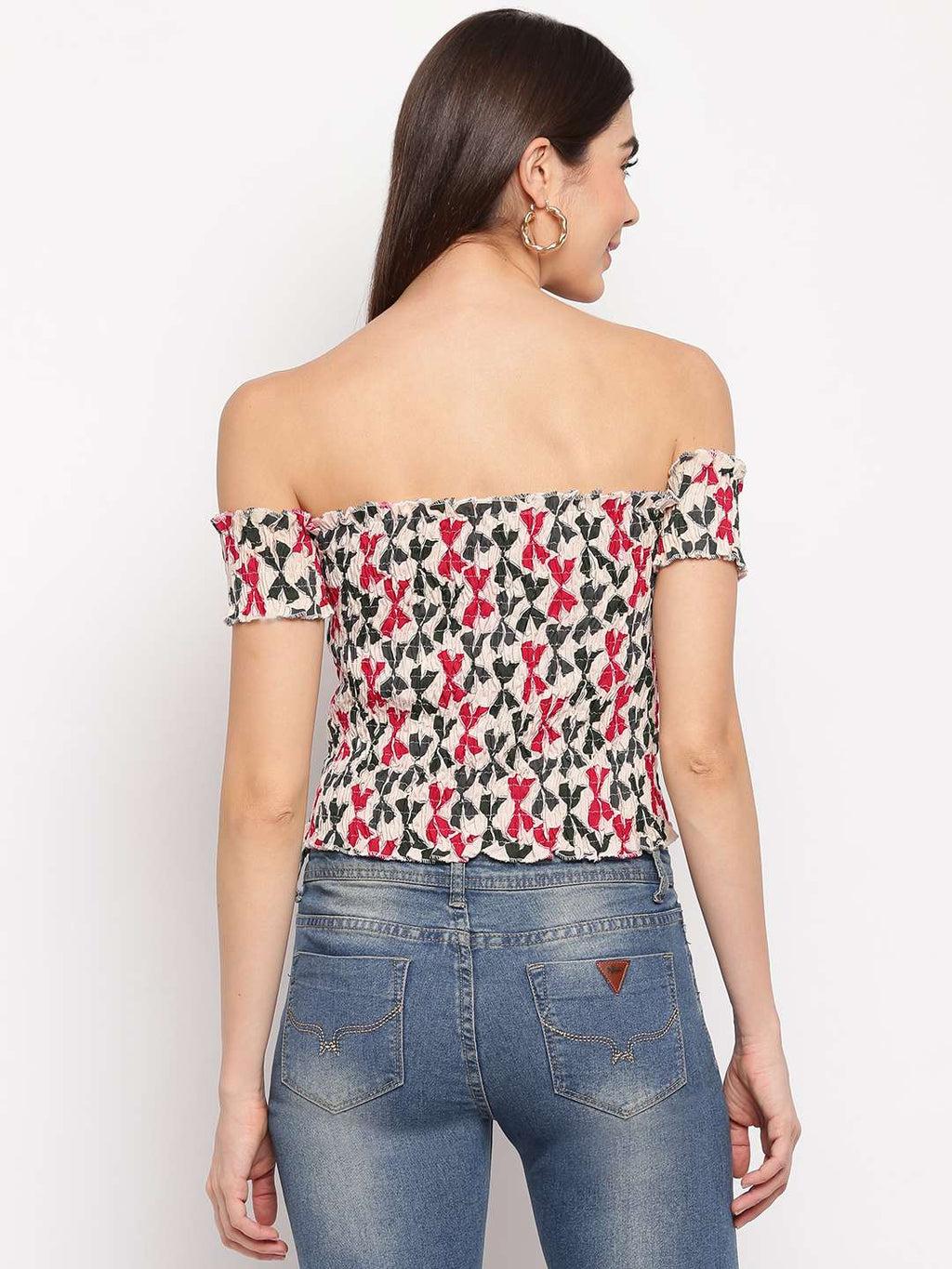 Women's Rayon Printed Off-Shoulder Smocked Crop Top Short Sleeve Casual Styles Tank Top (FREE SIZE) Multi33