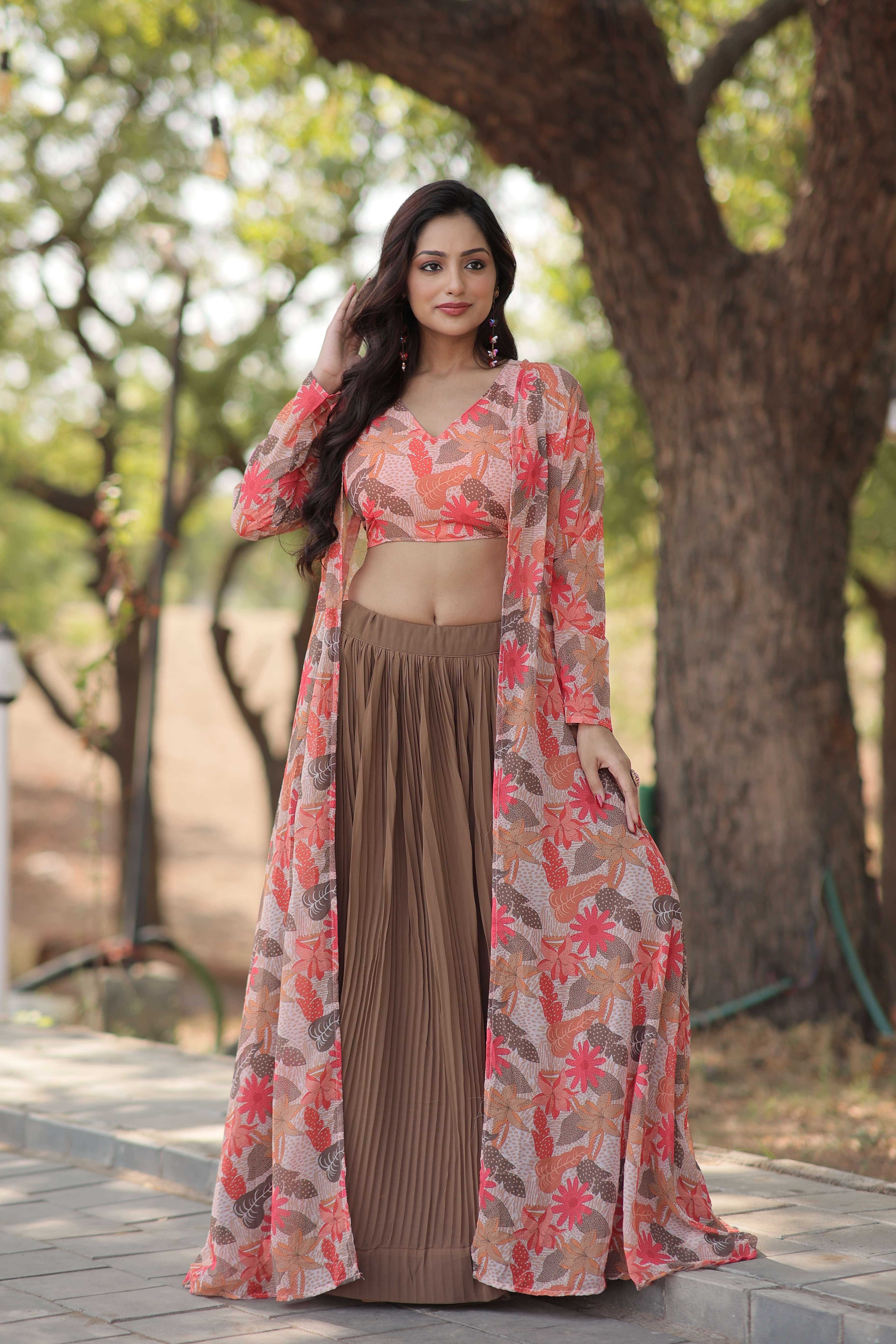 Faux Georgette Lehenga Choli with Digital Flower Print Shrug