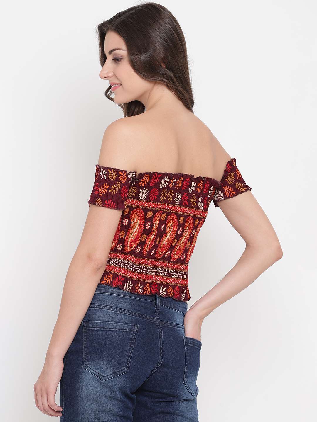 Women's Rayon Printed Off-Shoulder Smocked Crop Top Short Sleeve Casual Styles Tank Top (FREE SIZE) Multi2