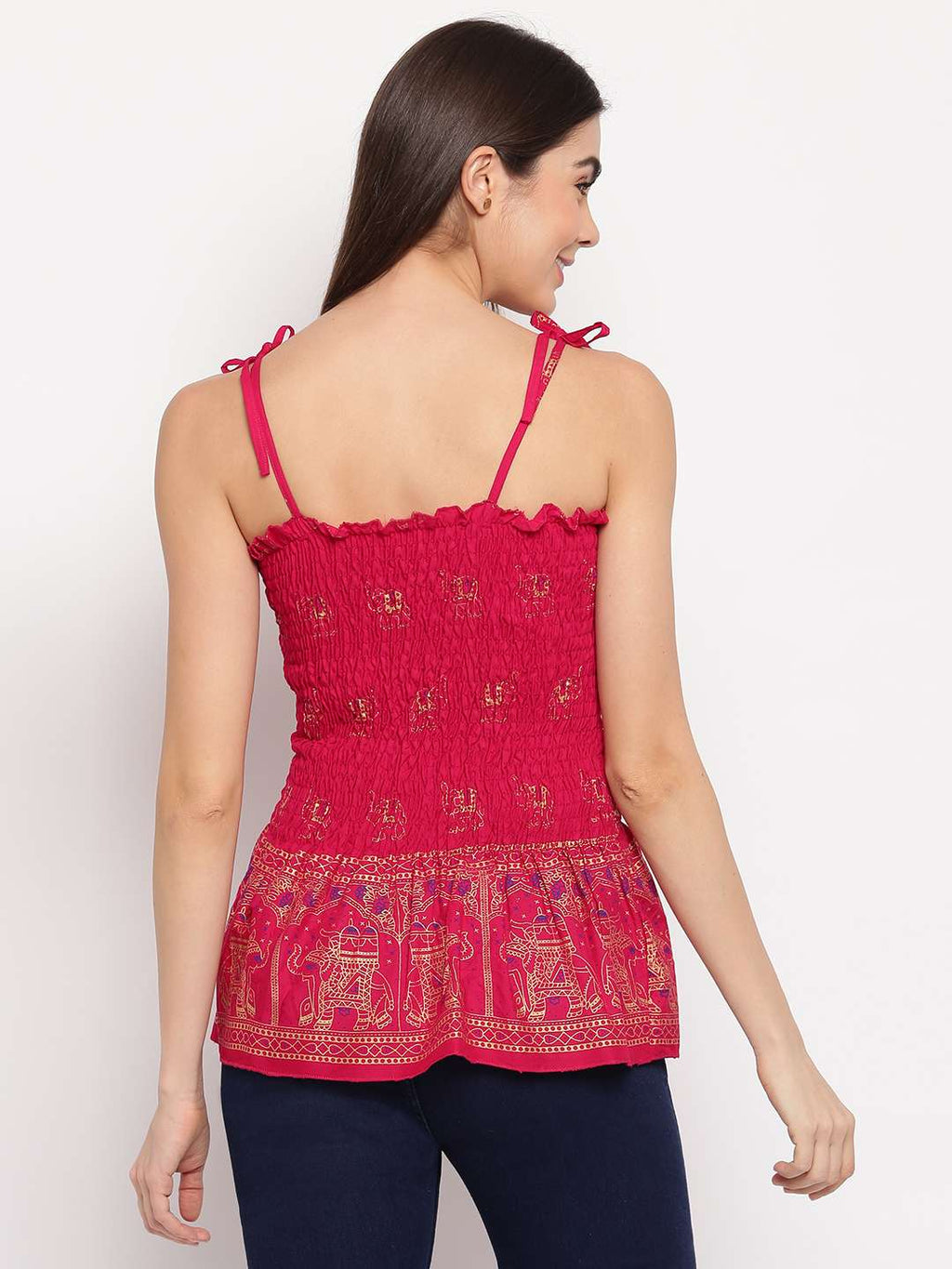 Women's Rayon Elephant Print Casual Summer Style Tie Shoulder Straps Free Size Tank Top ( Maroon Gold Pattern)