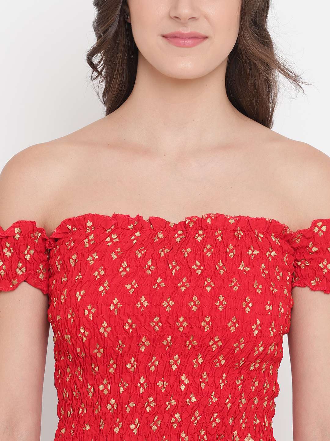 Women's Rayon Printed Off-Shoulder Smocked Crop Top Short Sleeve Casual Styles Tank Top (FREE SIZE) Multi9