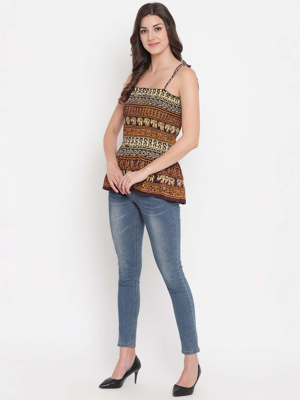 Women's Rayon Printed Casual Summer Style Tie Shoulder Straps Free Size Tank Top ( Multi5)