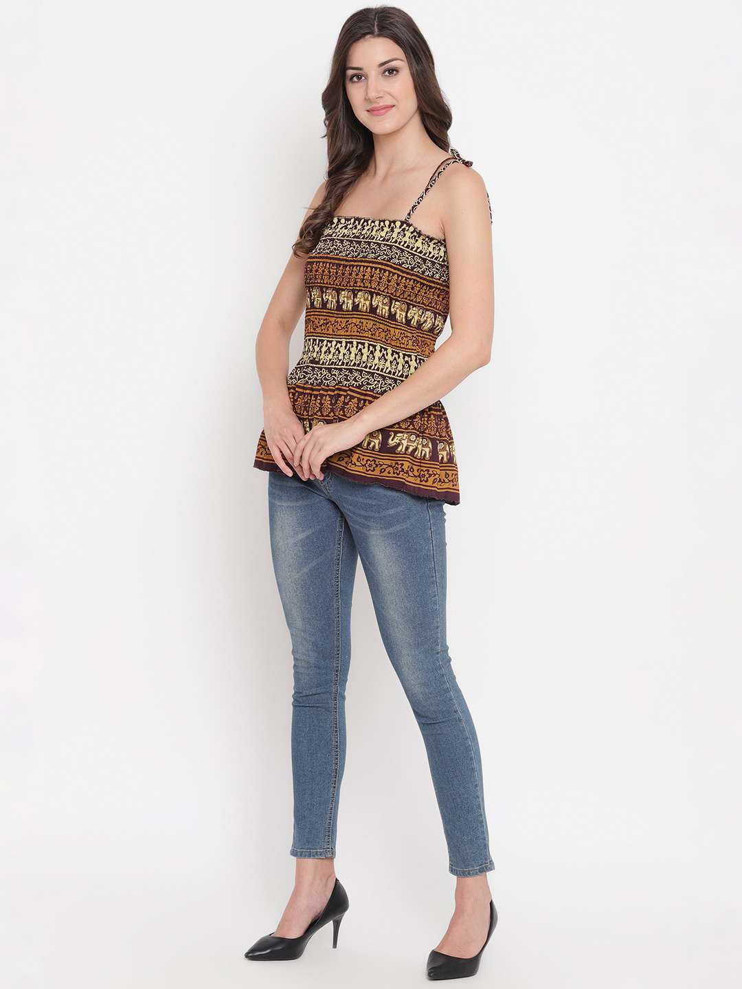 Women's Rayon Printed Casual Summer Style Tie Shoulder Straps Free Size Tank Top ( Multi5)