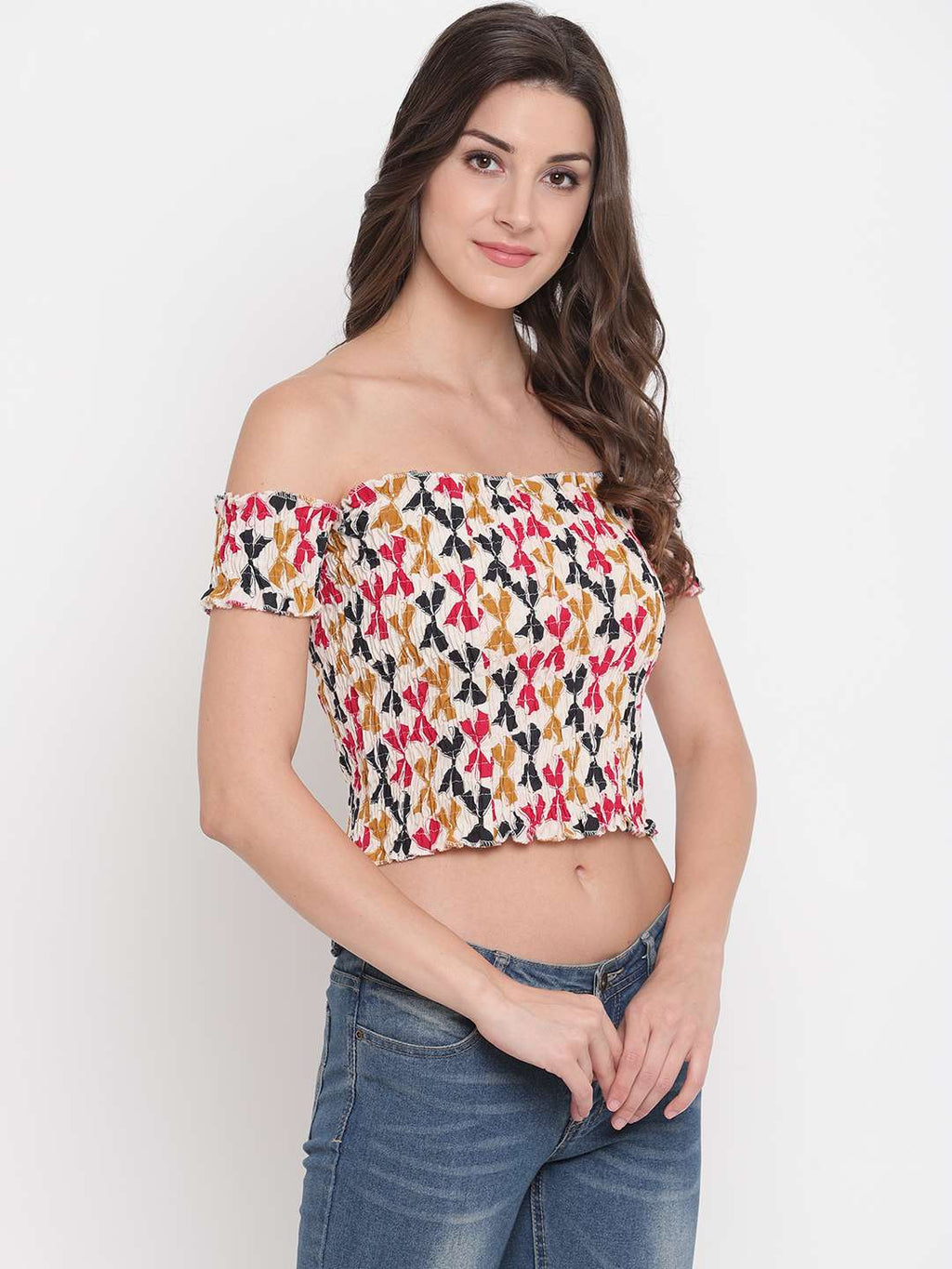 Women's Rayon Printed Off-Shoulder Smocked Crop Top Short Sleeve Casual Styles Tank Top (FREE SIZE) Multi31