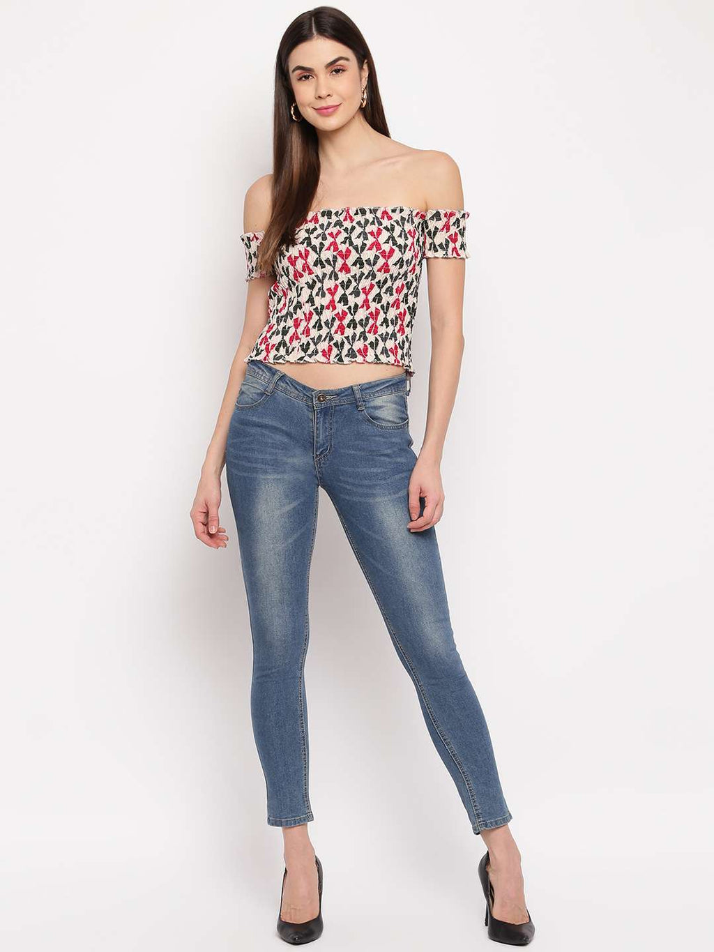 Women's Rayon Printed Off-Shoulder Smocked Crop Top Short Sleeve Casual Styles Tank Top (FREE SIZE) Multi33