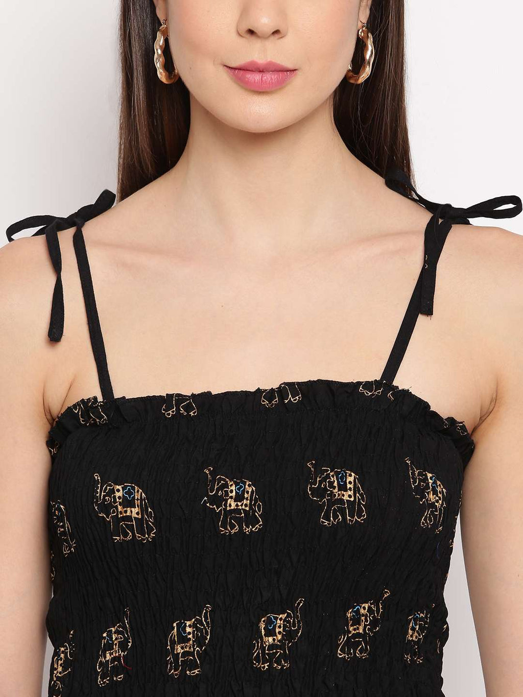 Women's Rayon Elephant Print Casual Summer Style Tie Shoulder Straps Free Size Tank Top ( Black Gold Pattern)