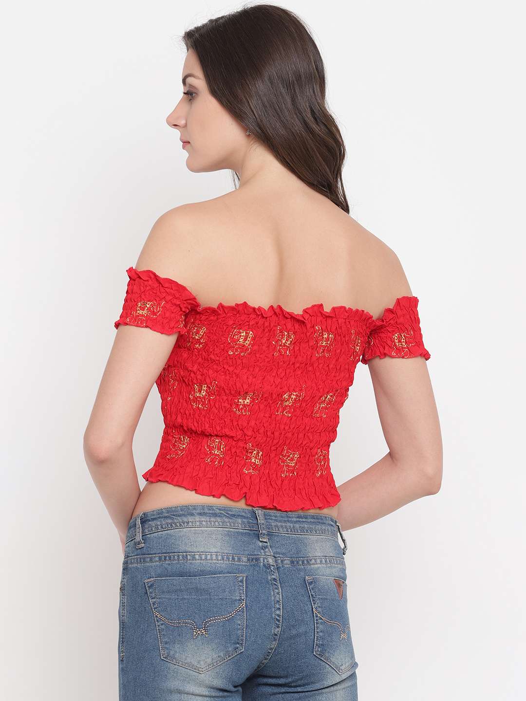 Women's Rayon Printed Off-Shoulder Smocked Crop Top Short Sleeve Casual Styles Tank Top (FREE SIZE) Multi11