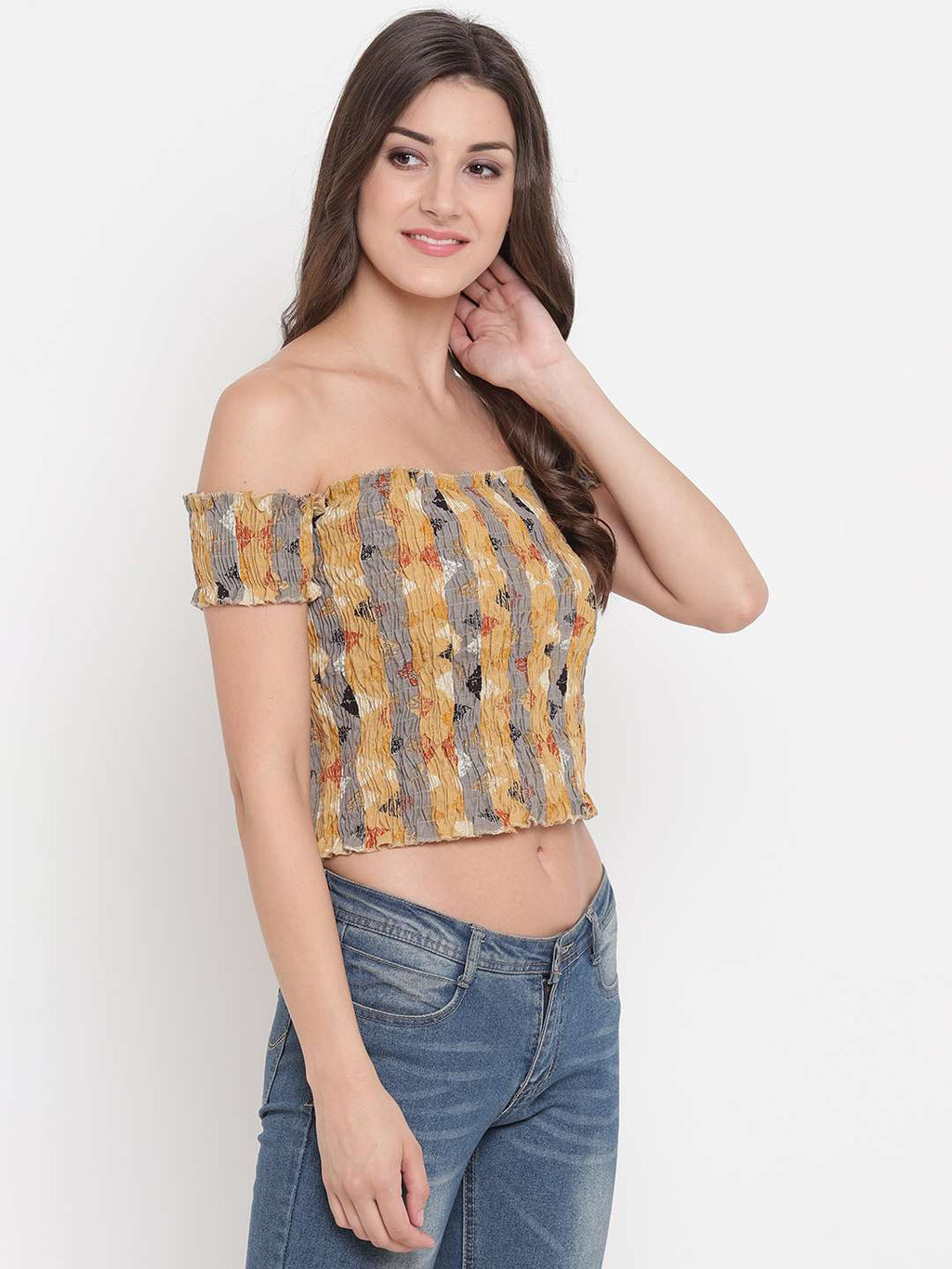 Women's Rayon Printed Off-Shoulder Smocked Crop Top Short Sleeve Casual Styles Tank Top (FREE SIZE) Multi40