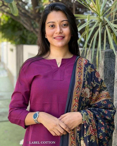 Women's Cotton Solid Straight Kurti With Pant and Dupatta Set