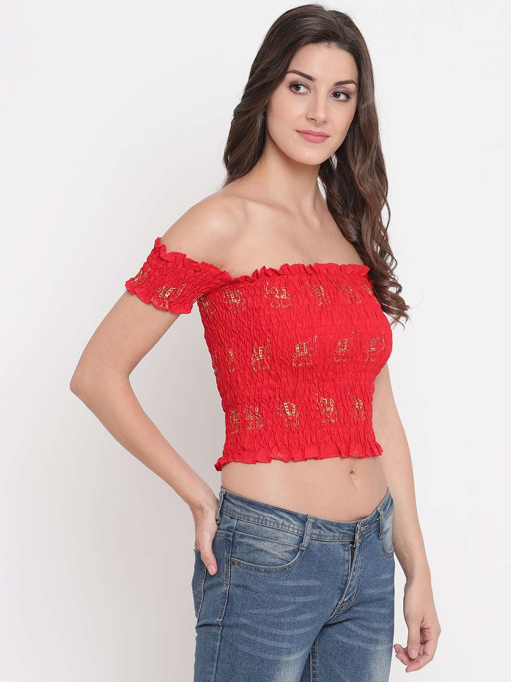 Women's Rayon Printed Off-Shoulder Smocked Crop Top Short Sleeve Casual Styles Tank Top (FREE SIZE) Multi11