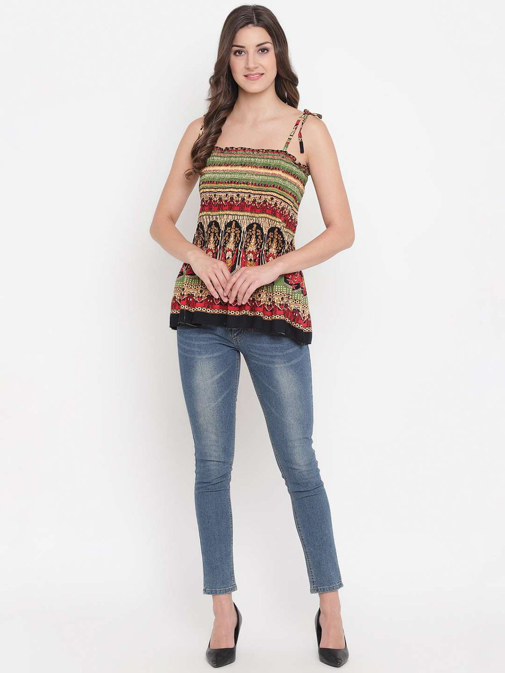 Women's Rayon Printed Casual Summer Style Tie Shoulder Straps Free Size Tank Top ( Multi4)