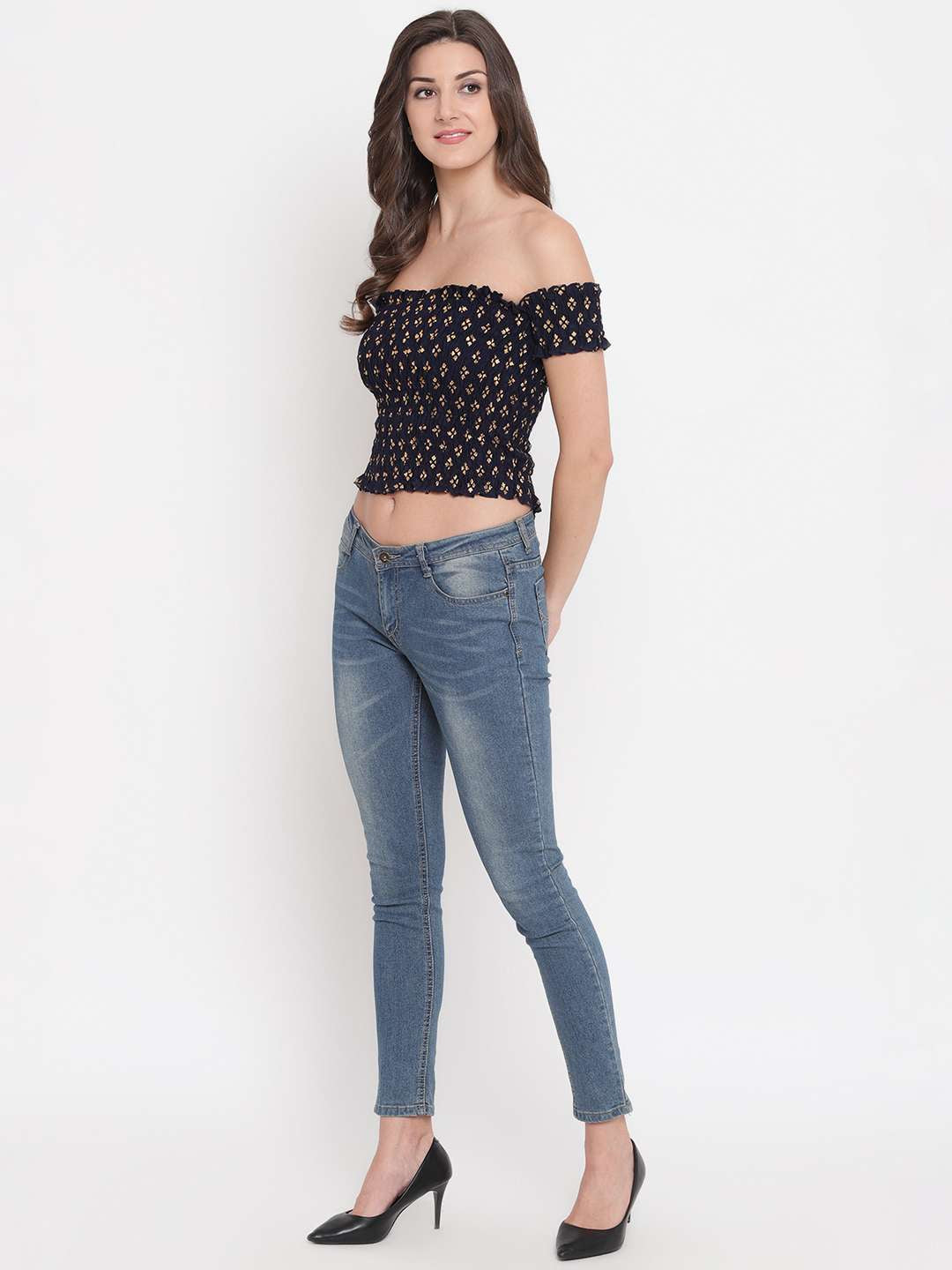 Women's Rayon Printed Off-Shoulder Smocked Crop Top Short Sleeve Casual Styles Tank Top (FREE SIZE) Multi12