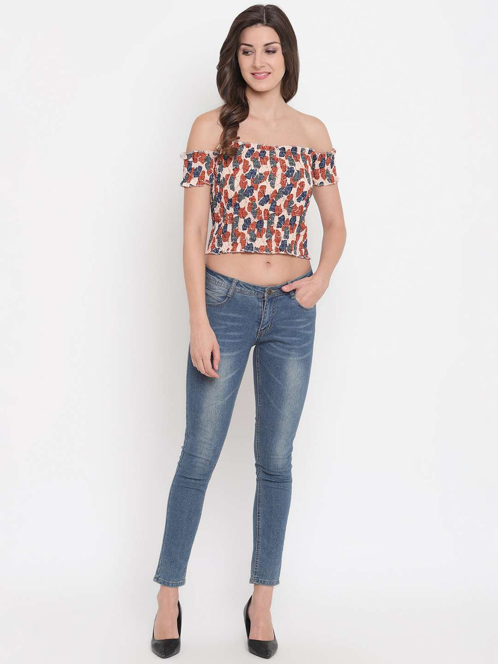 Women's Rayon Printed Off-Shoulder Smocked Crop Top Short Sleeve Casual Styles Tank Top (FREE SIZE) Multi45